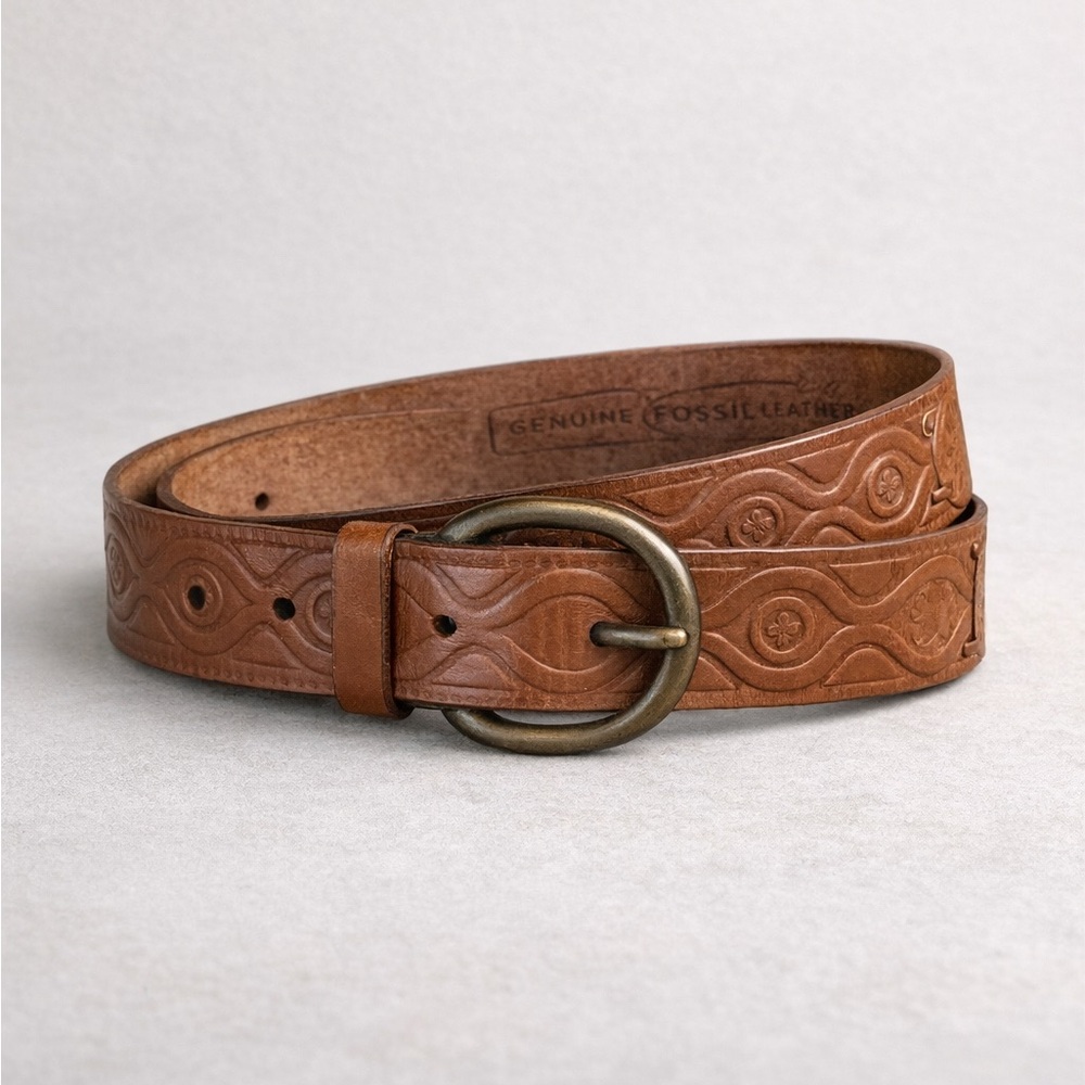 Fossil Genuine Leather Embossed Belt | Brown | Sz 36” | Classic Boho Western - Picture 1 of 6